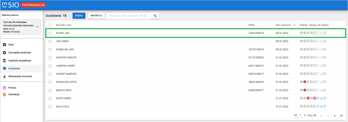 Okno z widokiem na wprowadzone zmiany i zapisane dane ucznia 