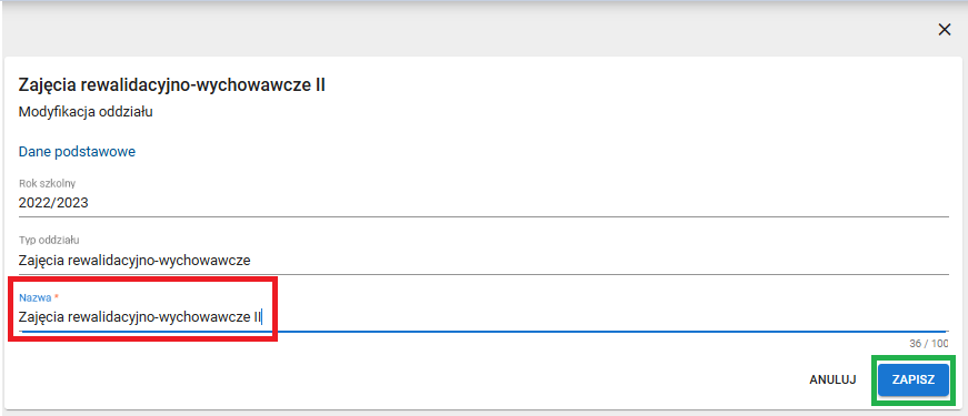 okno z widokiem na wprowadzone zmiany w oddziale dodatkowym