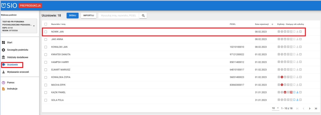 okno z widokiem na wybranego ucznia z listy uczniów którego dane mają zostać zmienione