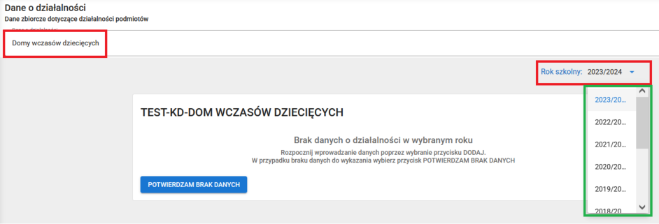 okno z widokiem na zakładkę domy wczasów dziecięcych z możliwością wyboru roku szkolnego