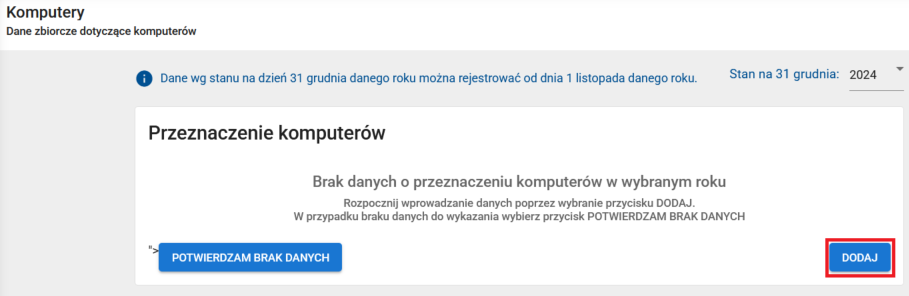okno z widokiem na zakładkę komputery z oznaczonym przyciskiem dodaj