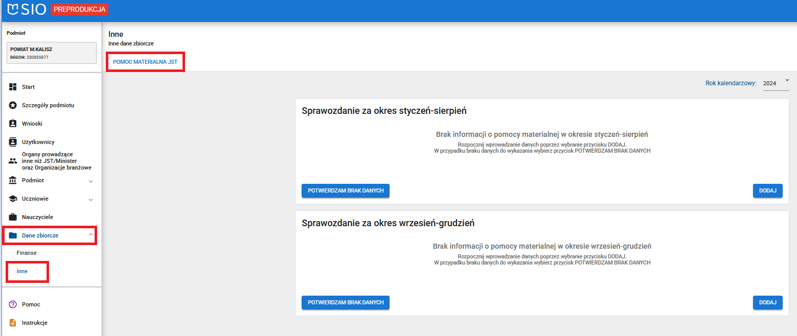 okno z widokiem na zakładkę pomoc materialna