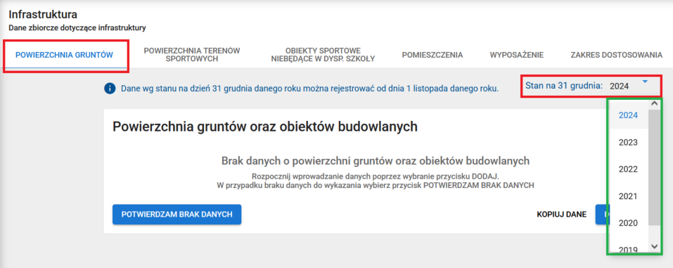 okno z widokiem na zakładkę powierzchnia gruntów oraz obiektów budowlanych z możliwością wyboru roku sprawozdawczego
