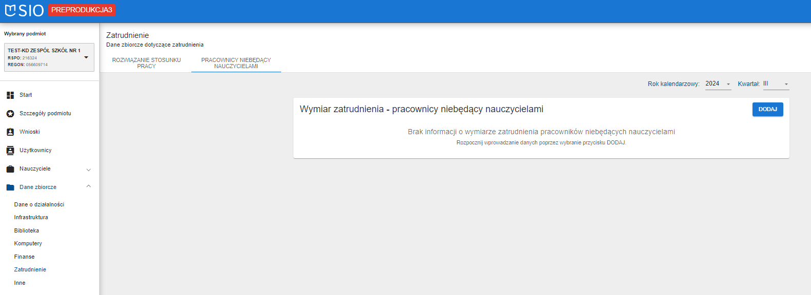 okno z widokiem na zakładkę pracownicy niebędący nauczycielami z widocznymi danymi po usunięciu
