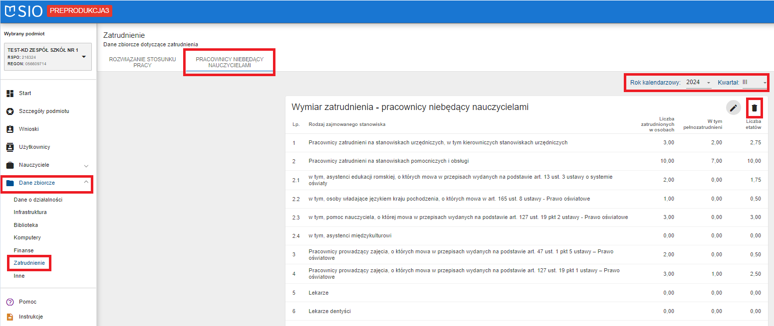 okno z widokiem na zakładkę pracownicy niebędący nauczycielami z oznaczonym przyciskiem kosza