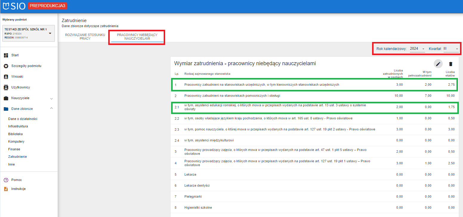okno z widokiem na zakładkę pracownicy niebędącymi nauczycielami z danymi po modyfikacji