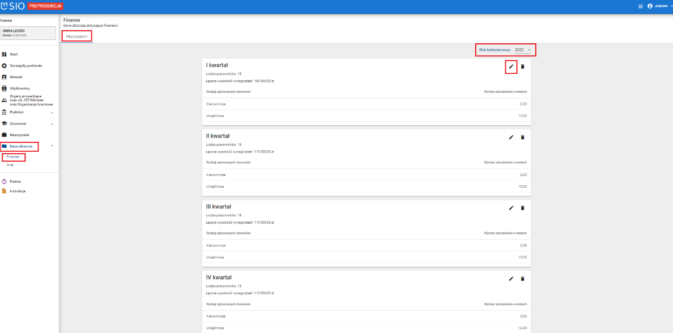 okno z widokiem na zakładkę pracownicy z oznaczonym rokiem kalendarzowym i przyciskiem modyfikacji