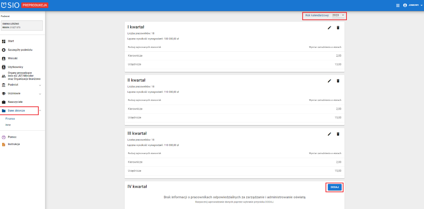 okno z widokiem na zakładkę pracownicy z oznaczonym rokiem kalendarzowym i przyciskiem dodaj