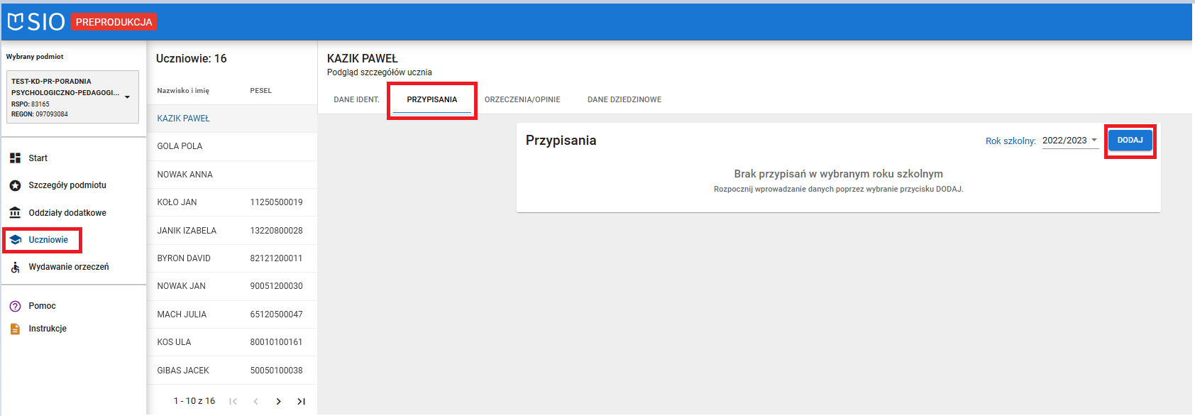 okno z widokiem na zakładkę przypisania
