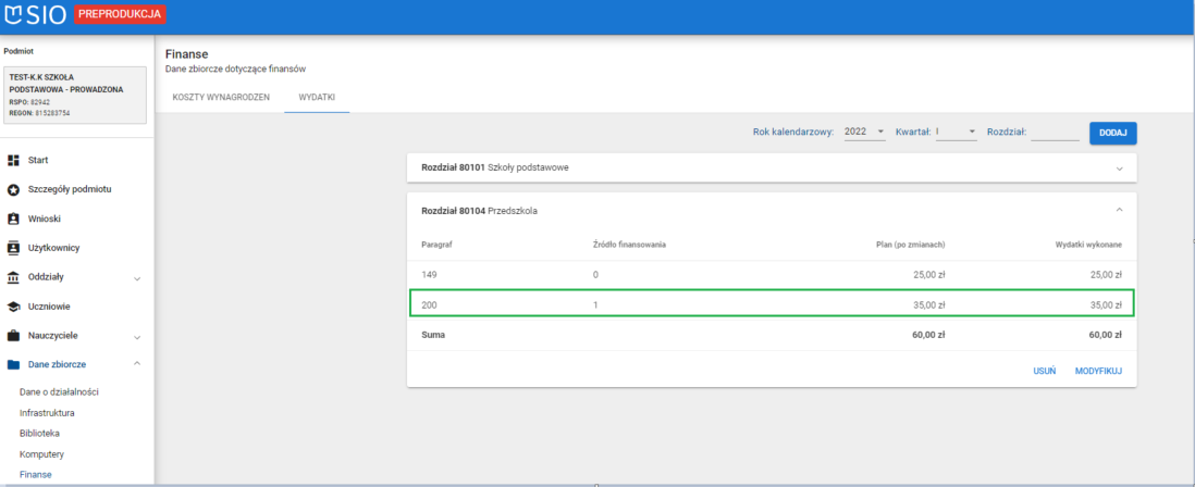 okno z widokiem na zakładkę wydatki po modyfikacji danych