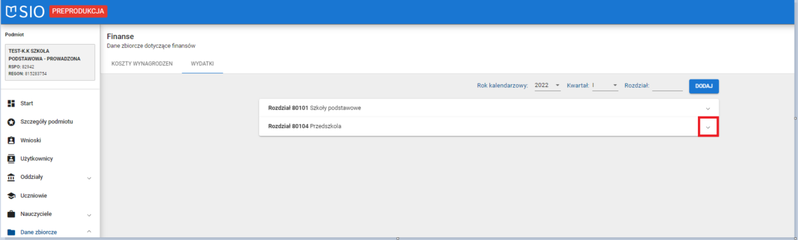okno z widokiem na zakładkę wydatki z oznaczoną opcją strzałki