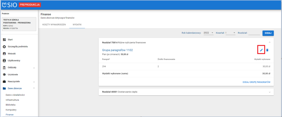okno z widokiem na zakładkę wydatki z oznaczoną opcją ołówkiem do modyfikacji