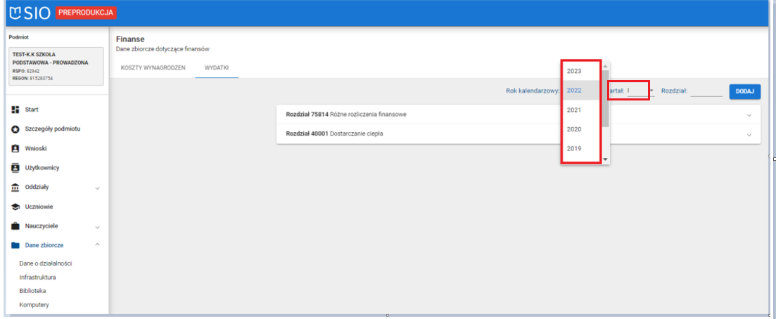 okno z widokiem na zakładkę wydatki z oznaczonymi latami do wyboru oraz kwartałem