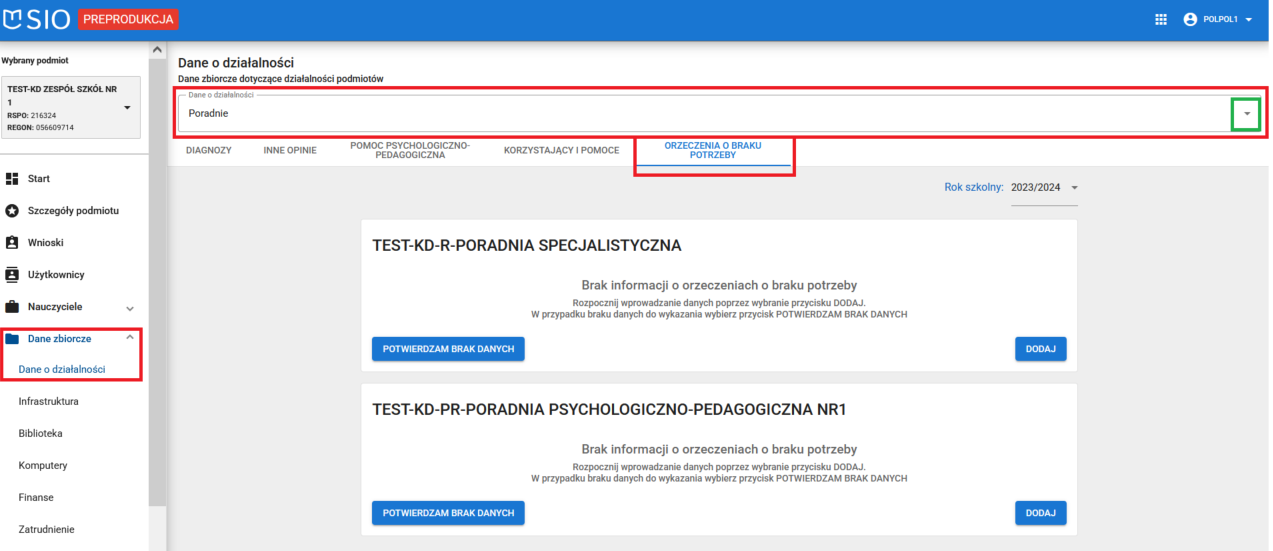 okno z widokiem na zakładki orzeczenia o braku potrzeby