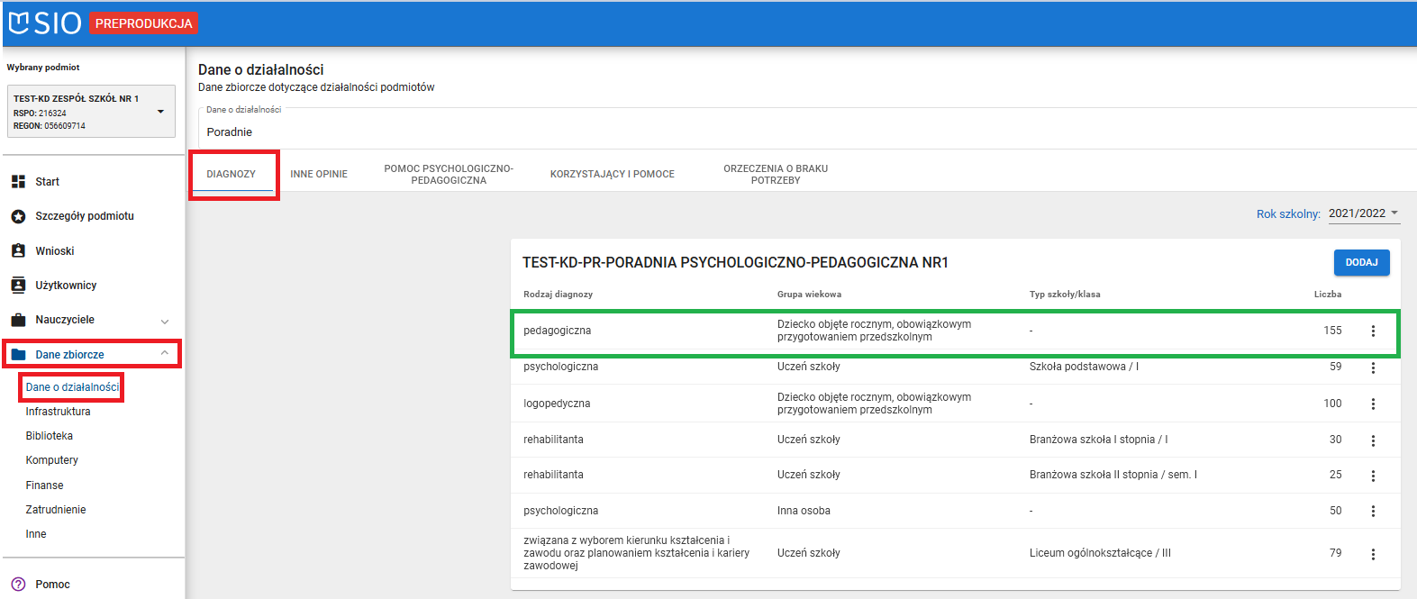 Okno z widokiem na zapisaną zmianę w diagnozach 