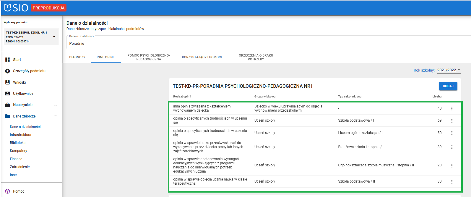 okno z widokiem na zapisane rodzaje opinii w określonej grupie wiekowej oraz typie szkoły/klasy 