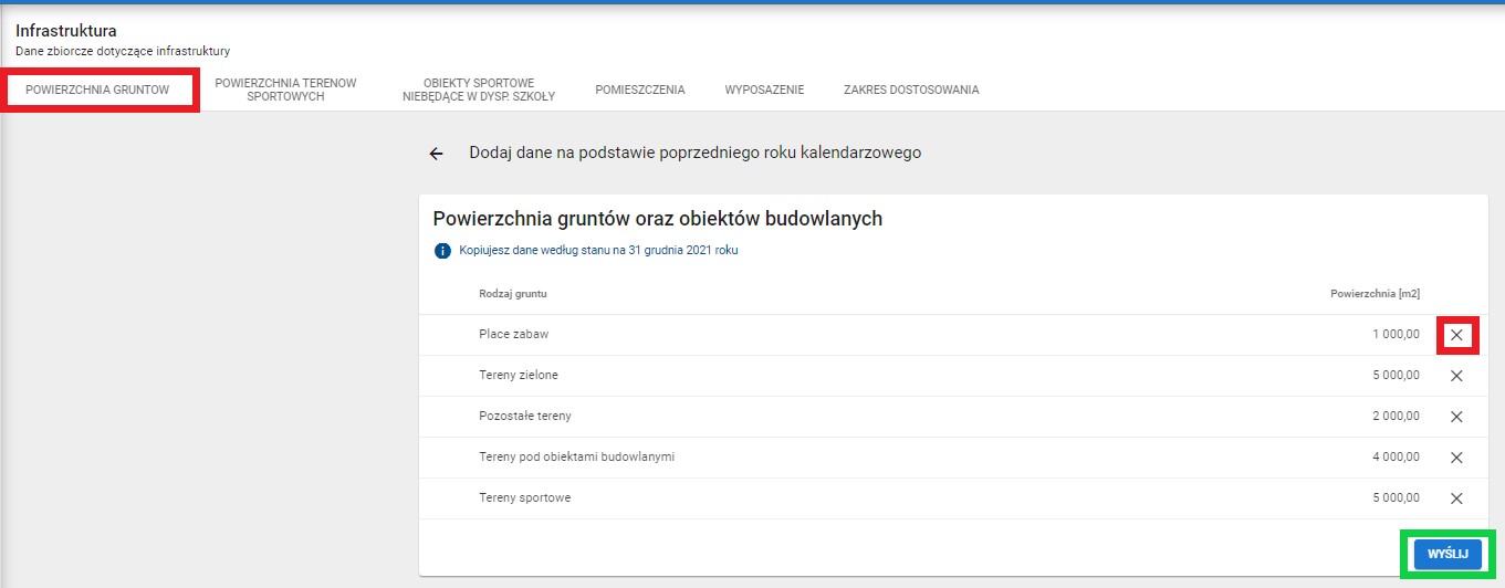 okno z widokiem na zaznaczone dane poprzez przycisk x które mają zostać usunięte, oraz możliwość wysłania danych