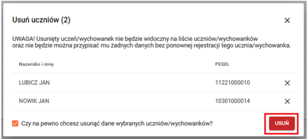 okno z widokiem na zaznaczone dane uczniów które mają zostać usunięte