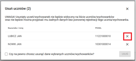 okno z widokiem na zaznaczonego jednego ucznia który ma zostać usunięty 
