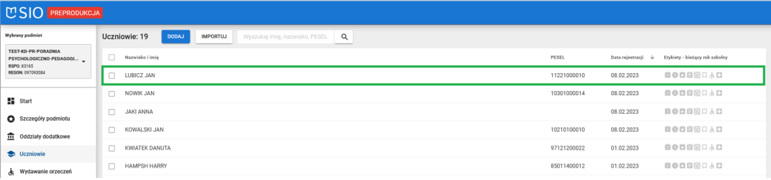 okno z widokiem na zaznaczonego zapisanego ucznia