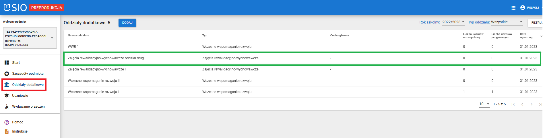 okno z widokiem na zmodyfikowany i zapisany oddział widniejący w liście oddziałów 