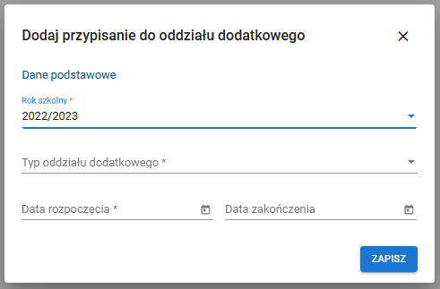 okno z widokiem szczegóły przypisania ucznia do oddziału dodatkowego 