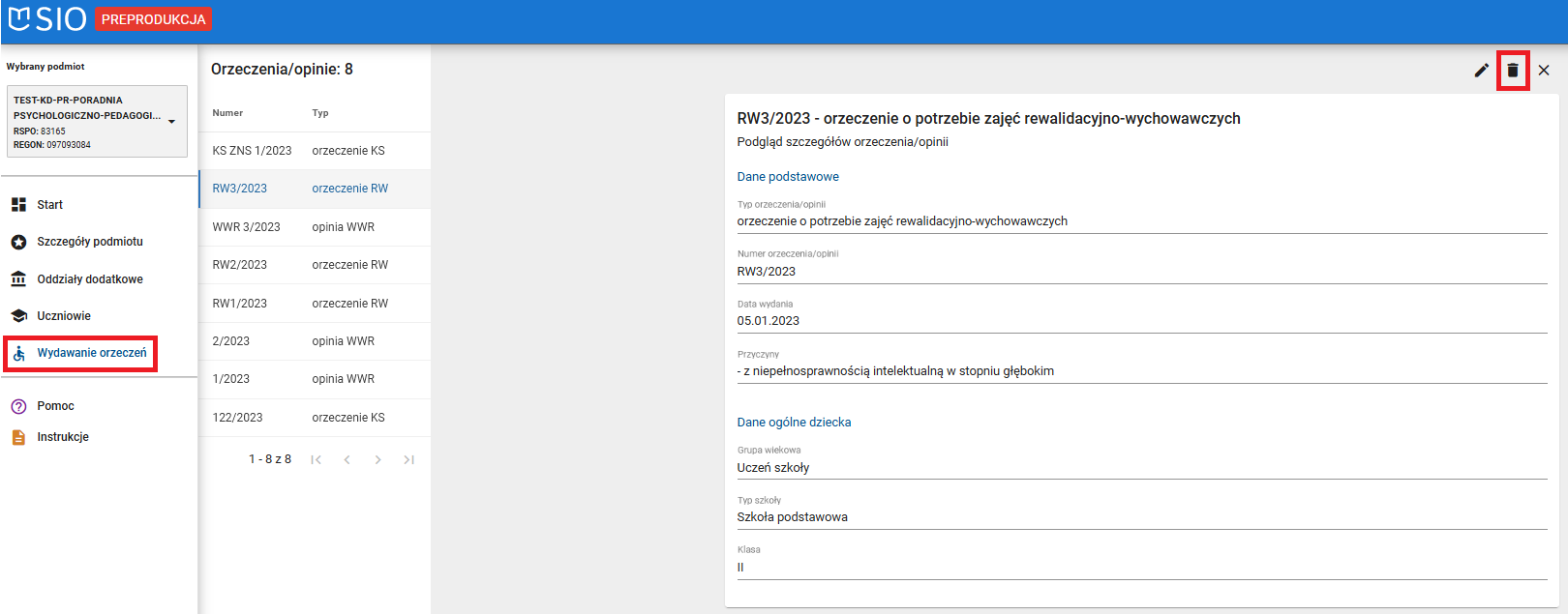 okno z widokiem szczegóły wybranego orzeczenia z zaznaczaną funkcja usunięcia - kosza