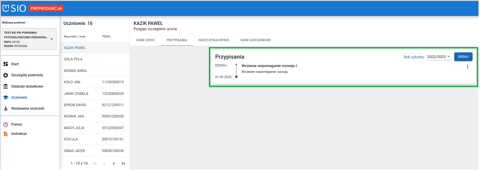 okno z widokiem zapisane dane ucznia przypisanego do oddziału dodatkowego