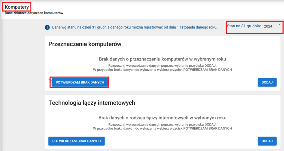 okno z zaznaczoną opcją potwierdzam brak danych