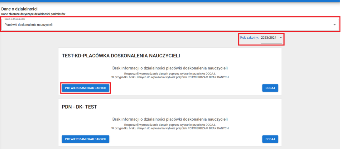 okno z zaznaczoną opcją potwierdzam brak danych