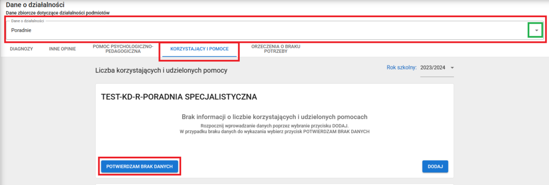 okno z zaznaczoną opcją potwierdzam brak danych