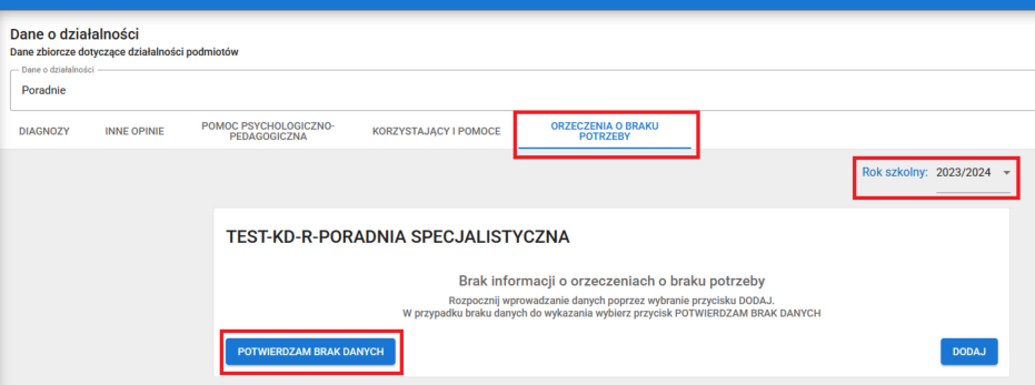 okno z zaznaczoną opcją potwierdzam brak danych