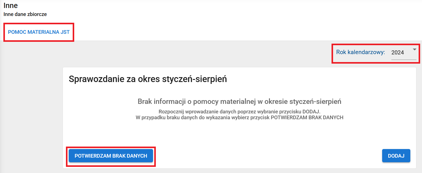 okno z zaznaczoną opcją potwierdzam brak danych