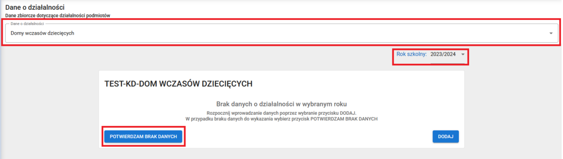 okno z zaznaczoną opcją potwierdzam brak danych