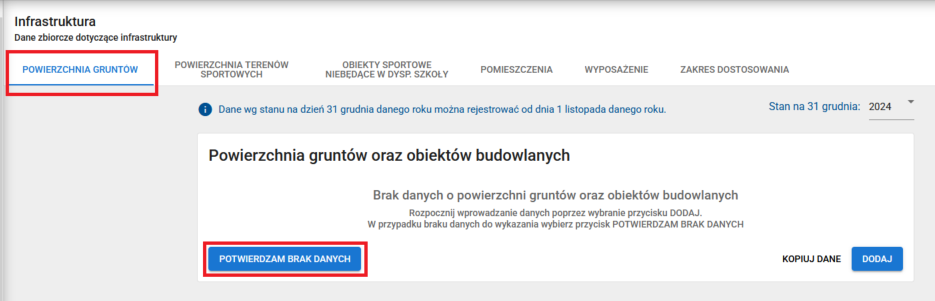 okno z zaznaczoną opcją potwierdzam brak danych