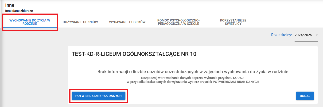 okno z zaznaczoną opcją potwierdzam brak danych