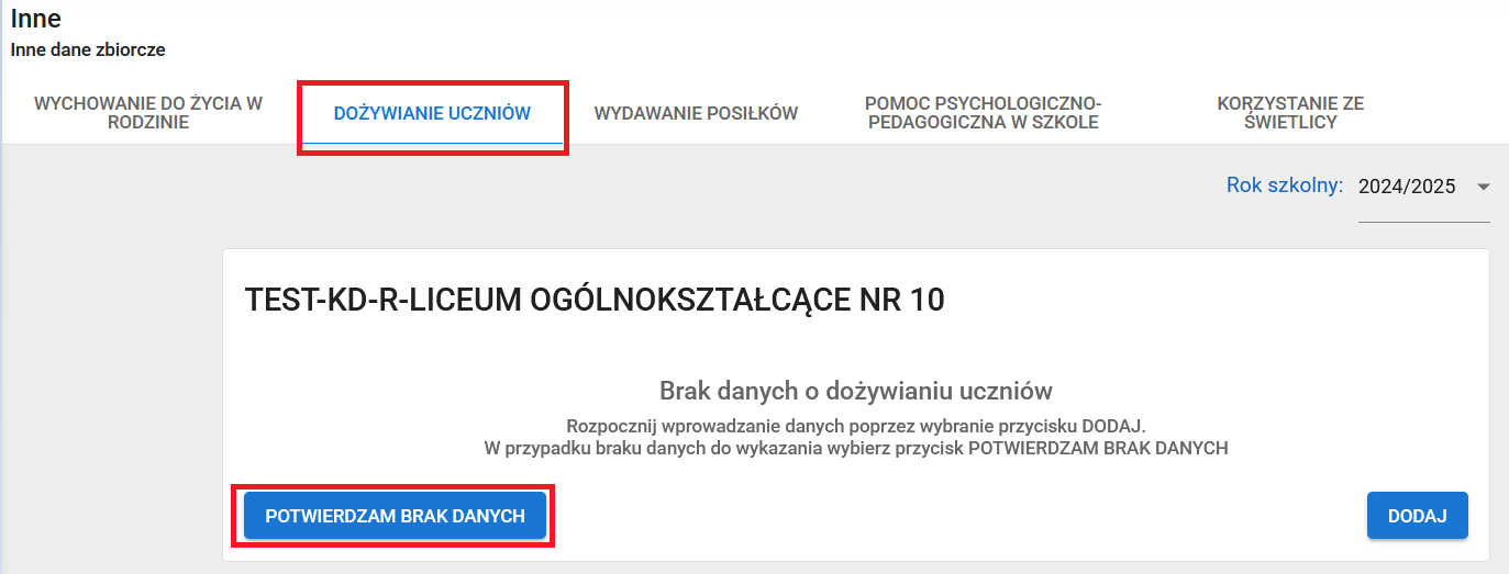 okno z zaznaczoną opcją potwierdzam brak danych