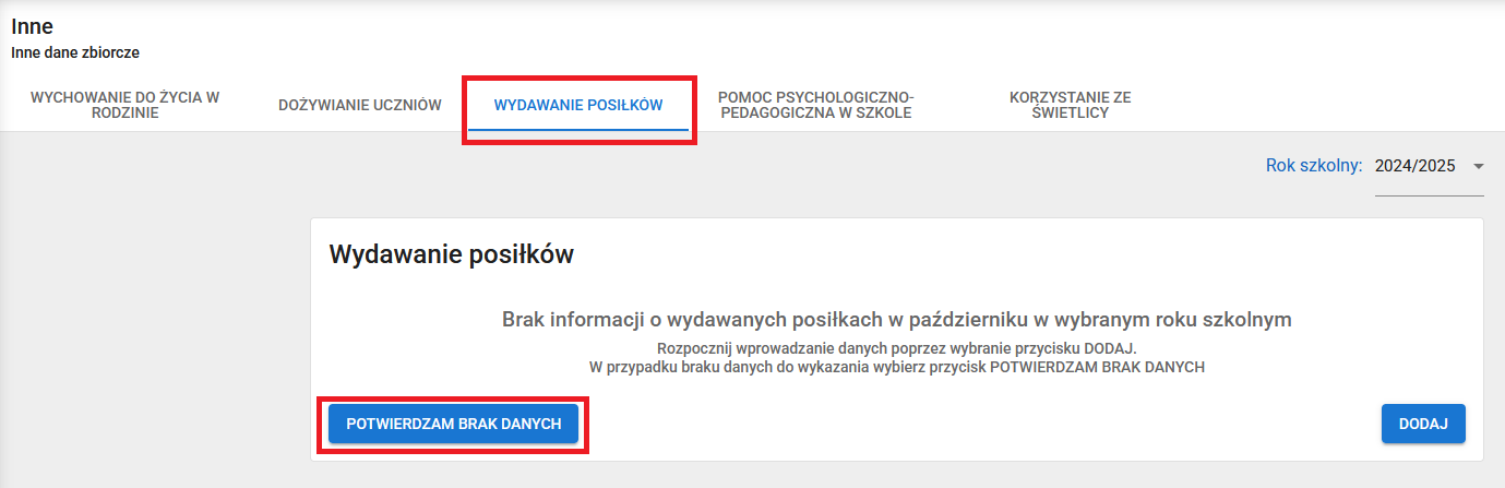 okno z zaznaczoną opcją potwierdzam brak danych