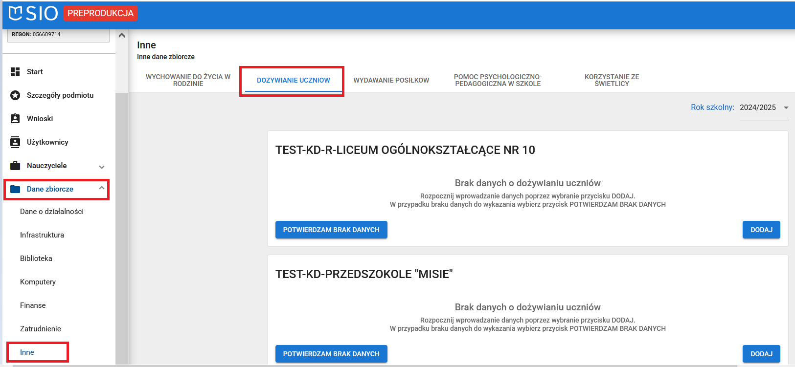 okno z zaznaczoną zakładką dożywianie uczniów