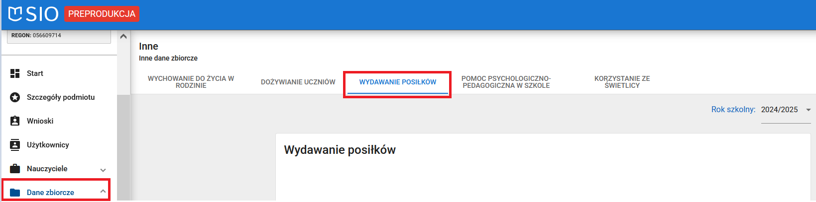 okno z zaznaczoną zakładką wydawanie posiłków