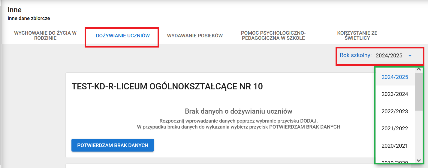 okno zakładka dożywianie uczniów z zaznaczoną możliwością wyboru roku