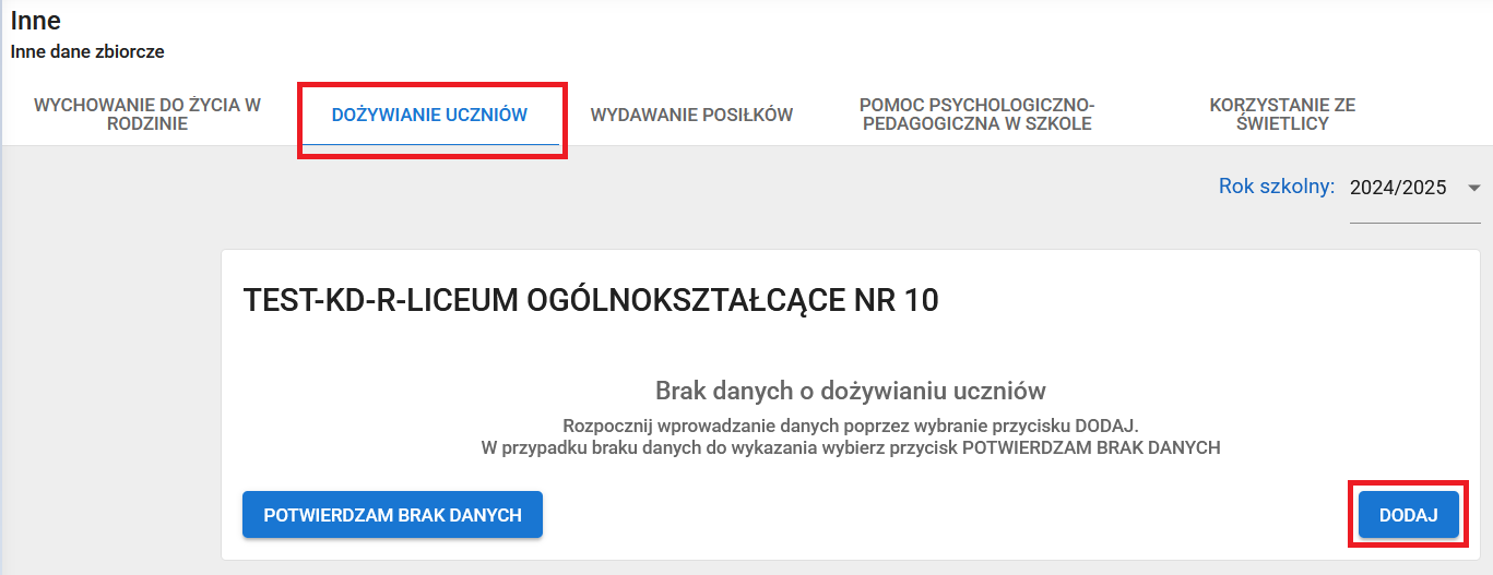 okno zakładka dożywianie uczniów z zaznaczoną opcją dodaj