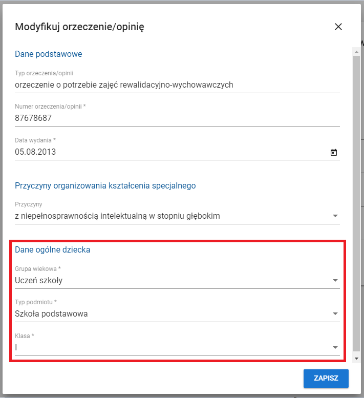 Podgląd szczegółów wybranego orzeczenia z polami do wypełnienia- grupa wiekowa, typ podmiotu, klasa