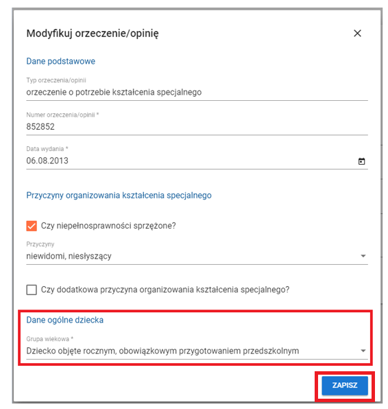 Podgląd szczegółów wybranego orzeczenia z zaznaczoną funkcją modyfikacji