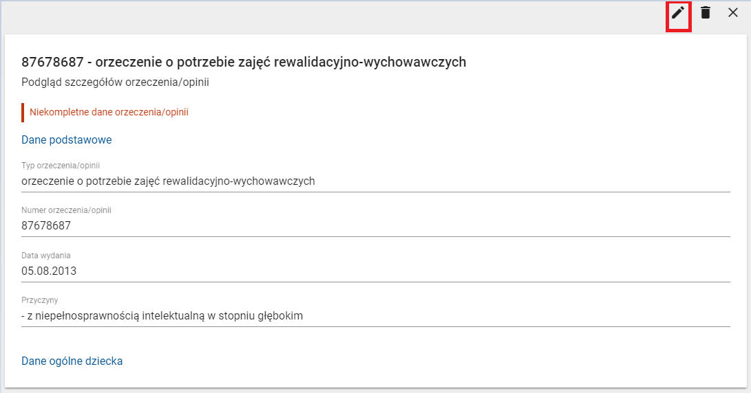 Podgląd szczegółów wybranego orzeczenia z zaznaczoną funkcją modyfikacji