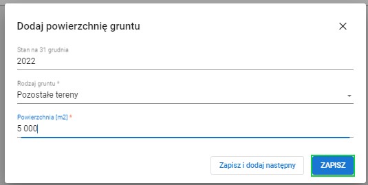 widok formularza dodaj powierzchnię gruntu