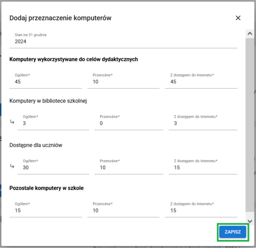 widok formularza Dodaj przeznaczenie komputerów