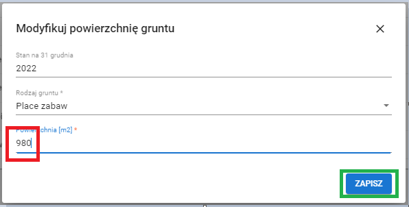 widok formularza modyfikuj powierzchnię gruntu