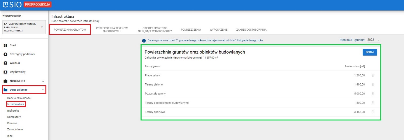 widok formularza powierzchnia gruntów oraz obiektów budowlanych z przykładowo wprowadzonymi danymi
