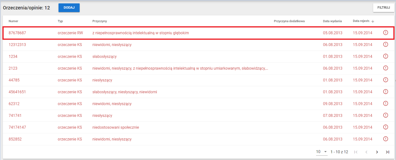 Widok na listę orzeczeń oznaczonych etykietą - niekompletne dane w orzeczeniu/opinii